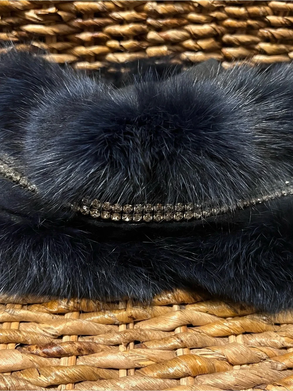 UNBRANDED Navy Blue Fur And Rhinestone Headband